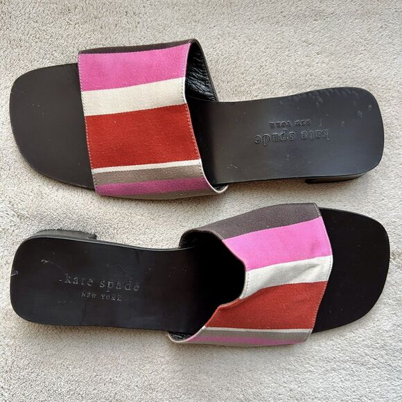Kate Spade Pink Red White Brown Striped Fabric Slide Flat Sandals Women’s 7 B - Picture 6 of 16